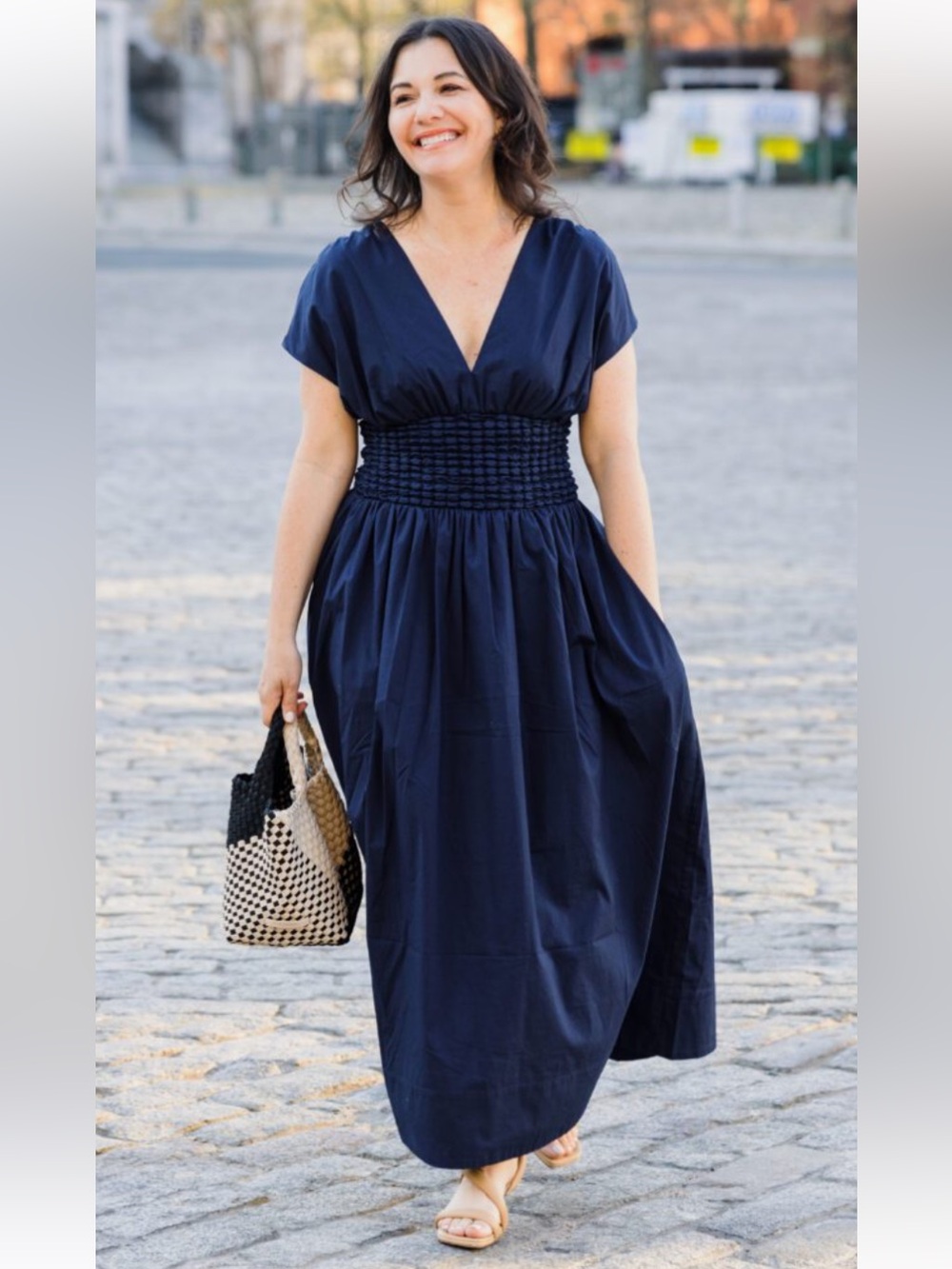 NWT STAUD Jackson V-neck midi dress navy cotton poplin w/ smocked waist size S